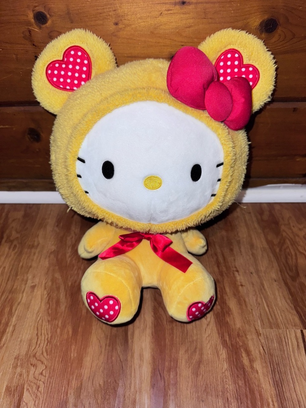 Round 1 Sanrio Hello Kitty Yellow Teddy Bear Suit Costume Hearts Print 13” Plush